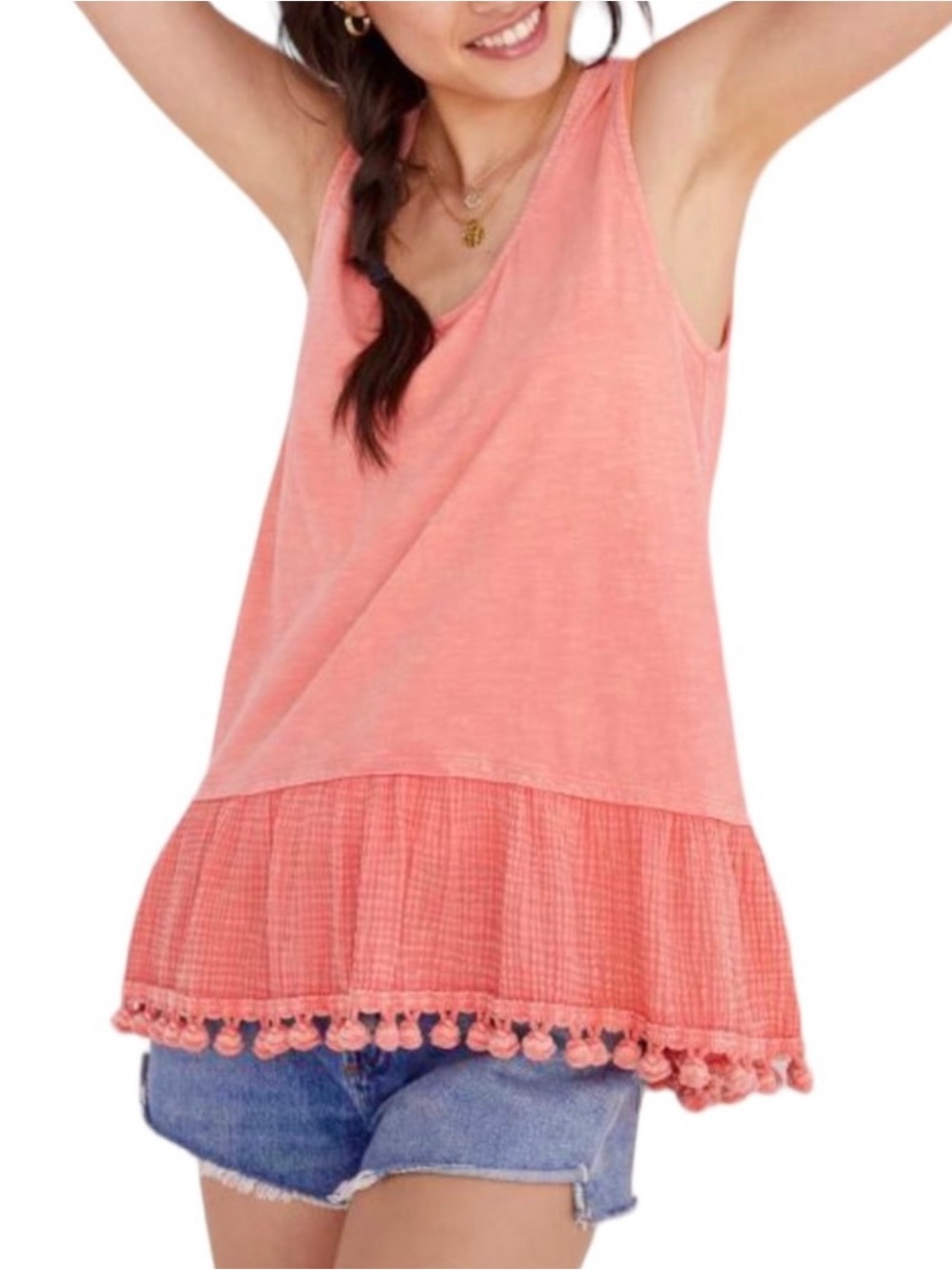 NWT Anthro Eri + Ali Pom Pom 100% Cotton Scoop Neck Tank, Coral Pink – Small